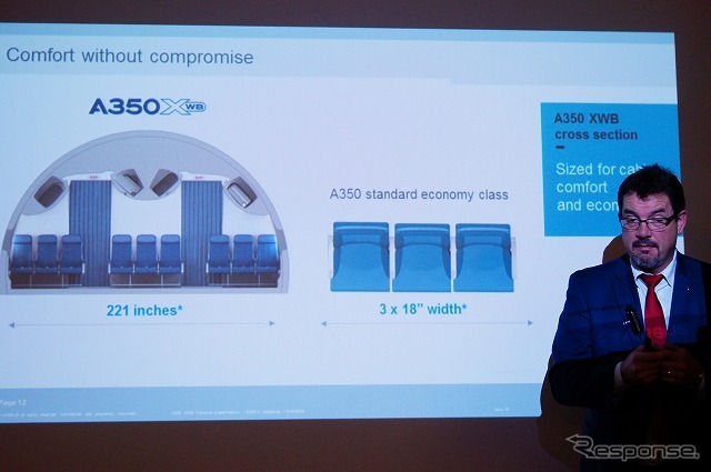 A350XWBの特長は広い機内。エコノミークラスは2本の通路を挟み、3+3+3の横9列配置となる。