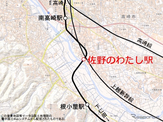 佐野のわたし駅の位置。駅名は駅の近くを流れる烏川でかつて運航されていた渡し船にちなんでいる。
