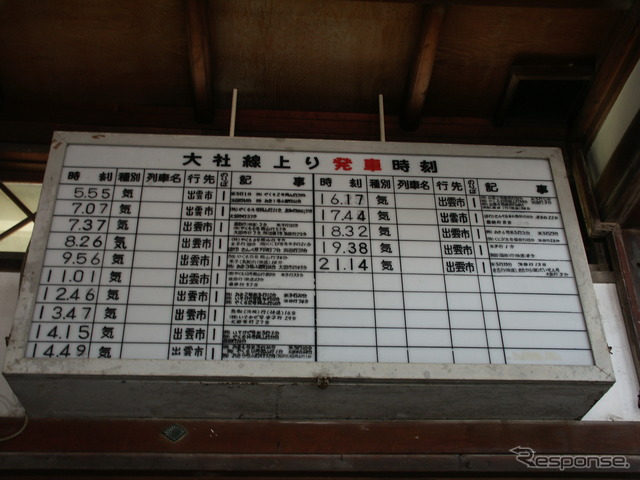 旧大社駅は廃止から20年以上が過ぎた現在も重要文化財として残る。駅舎内には発車案内掲示器などが展示されている。