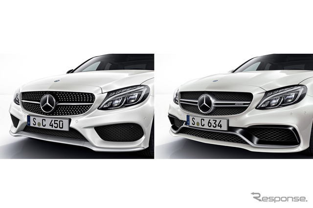 新型メルセデスCクラス の「AMGスポーツ」の予告イメージ。右が比較用のメルセデス-AMG C63