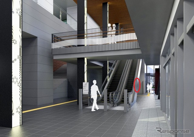 プレートは新幹線駅舎と一体的に整備される都市施設内のエスカレーター壁面（赤）に設置される予定だが、対象者が多いため設置場所を変更することも検討されている。