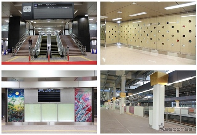 12月13日に北陸新幹線開業100日前イベントの一環として新幹線金沢駅の見学会が開催される。写真は改札内コンコース(左上)、ホーム(右上)、中2階の待合室(左下)と通路(右下)。