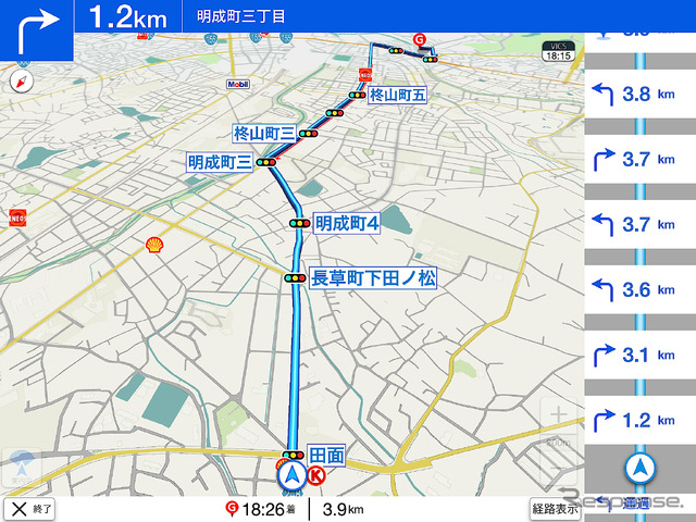 俯瞰表示がよくできており、実用的な200mスケールでも、約4kmも先の目的地まで表示できる。非常に見やすい画面だ