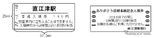 記念入場券のイメージ。経営移管区間を含む北長野～直江津間16駅の入場券をセットにする。