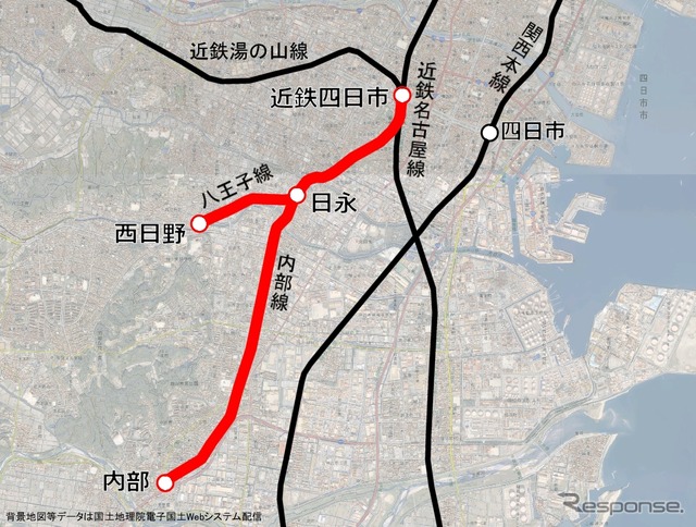 近鉄内部・八王子線の路線図。このほど公有民営の上下分離経営に移行することになり、四日市市と四日市あすなろう鉄道が鉄道事業再構築実施計画の認定を申請した。