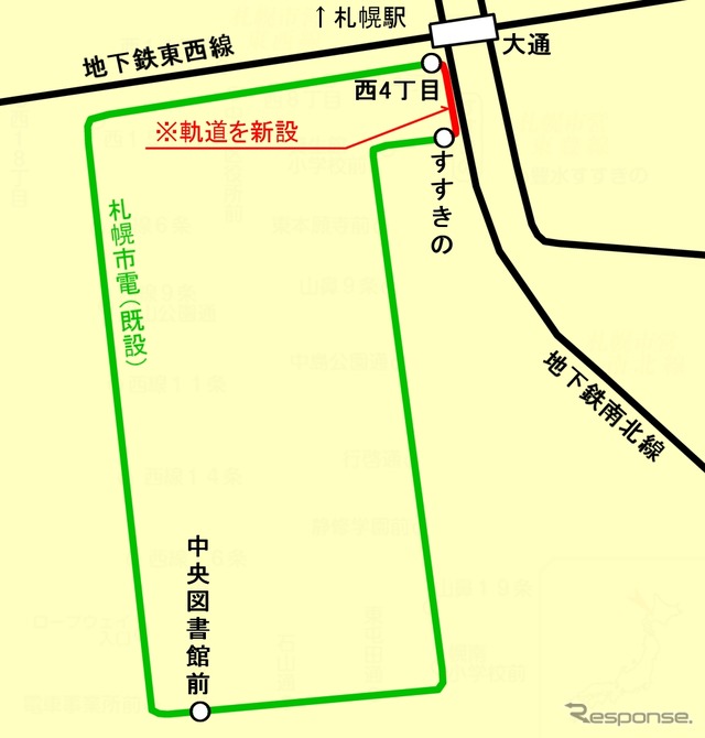 札幌市電の路線図。西4丁目～すすきの間を短絡する軌道の新設により、札幌市電は環状線になる。