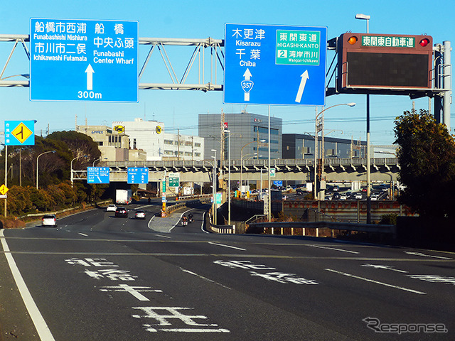 湾岸道と京葉線支線(武蔵野線)。支線には貨物列車も通る