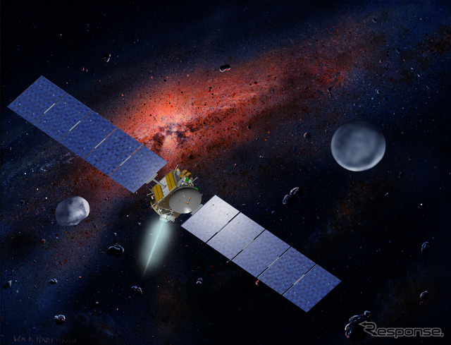 探査機ドーン Credit: Background- William K. Hartmann, Courtesy of UCLA; image-NASA/MCREL