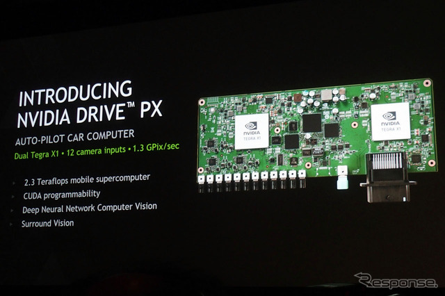 試作機として公開された『DRIVE PX』。12台のカメラ入力ができ、それぞれに高い処理を行える