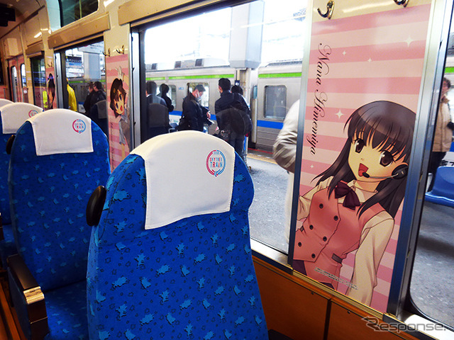 車内ラッピングが施された大宮発浅草行きスカイツリートレイン(6050系634型) (鉄道むすめスカイツリートレイン出発式、2015年1月17日、東武鉄道大宮駅)