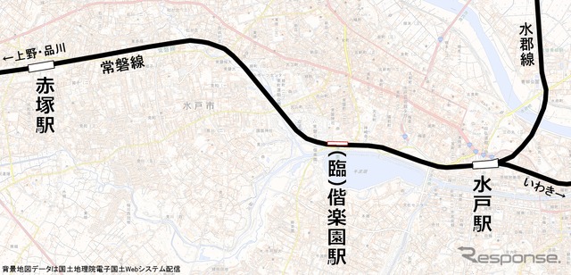 偕楽園駅の位置。下りホームのみ設置されており、原則として2～3月の観梅期に限り下り列車が停車する。