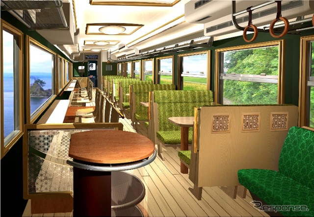 「コンセプト列車」の車内は窓の大型化により眺望性を高め、海側の座席は窓向きに配置する。