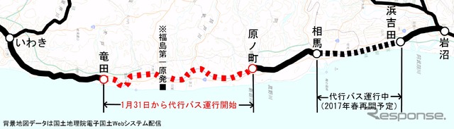 常磐線のいわき~岩沼間。福島第一原発事故の影響で運転を見合わせている竜田~原ノ町間は1月31日から代行バスの運行が始まる。