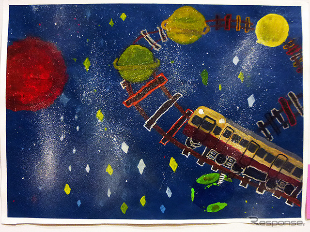 “各星停車”で走る小湊鉄道の気動車(市原湖畔美術館「子ども絵画展」)