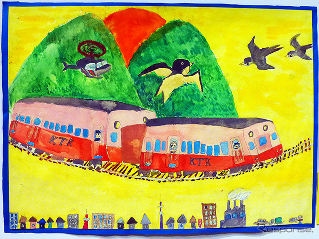 鳥とたわむれる小湊鉄道の気動車(市原湖畔美術館「子ども絵画展」)