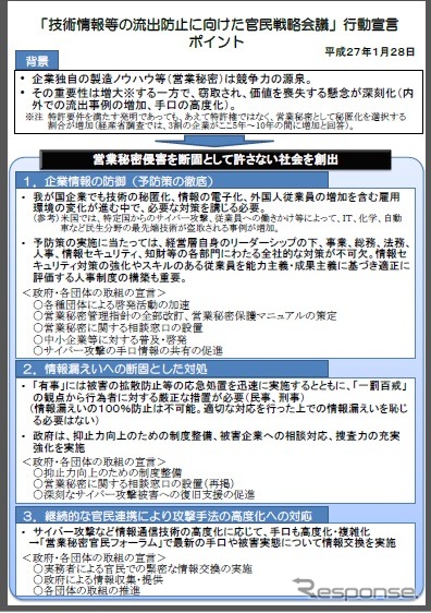 技術情報等の流出防止に向けた官民戦略会議がまとめた「行動宣言」の概要