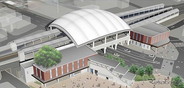 甲子園駅の改良工事完成後のイメージ。ホームを線路ごと覆う大屋根が特徴だ。