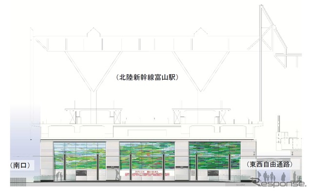 富山駅停留所の立体図。北陸新幹線の高架下に設けられる。
