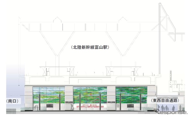 富山駅停留所の立体図。北陸新幹線の高架下に設けられる。