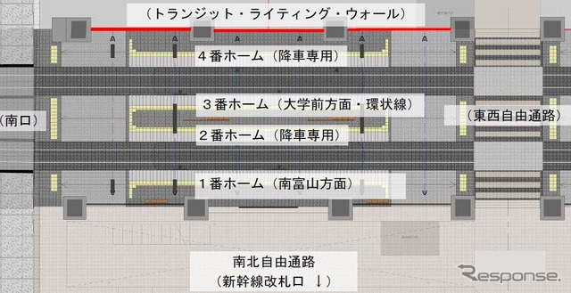 富山駅停留場の平面図。2本を軌道を挟み込むようにして3面のホームが設けられる。