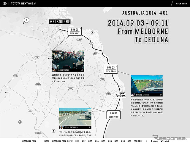 「TOYOTA NEXT ONE」公式WEBサイトに映し出される「豪州大陸走破プロジェクト」の大陸走破シーン