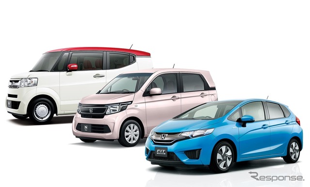 1月の新車販売トップ10に入ったホンダ車。左からN-BOX（スラッシュ）、N-WGN、フィット