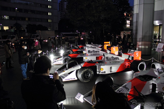 ホンダF1参戦記者会見が行なわれた青山本社に8台のF1マシンが集結