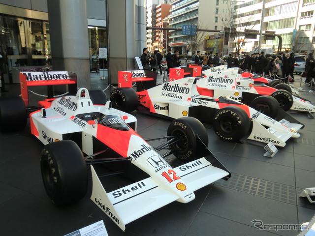 10日、ホンダの青山本社前には歴代のマクラーレン・ホンダ(1988~92年)がズラリと並んだ。