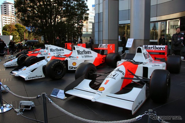 ホンダF1参戦記者会見が行なわれた青山本社に8台のF1マシンが集結