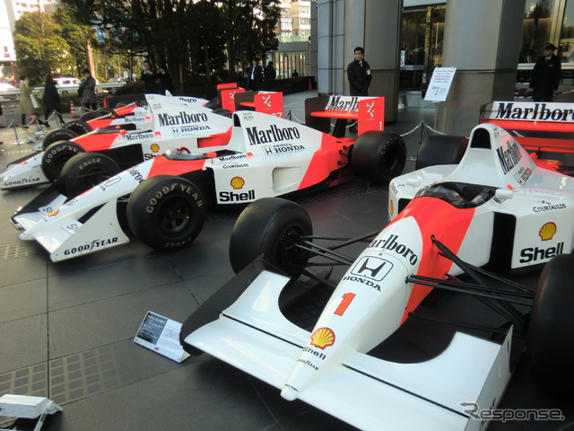 ホンダ本社前に展示された歴代の「マクラーレン・ホンダ」(1988~92年車)。