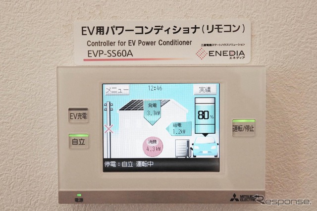 電力モニタ兼、操作パネル。EVやPHEVへの充電、電力供給の切り替え操作も