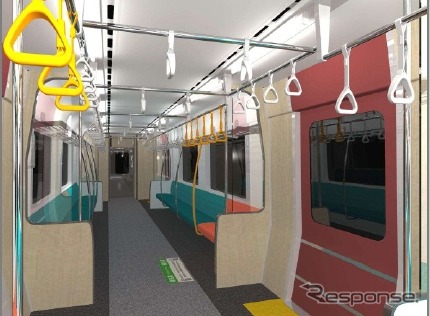『はこだてライナー』に投入される733系1000番台の車内イメージ。ロングシートを基本とし、側扉付近には木目調のパーティーションが取り付けられる。