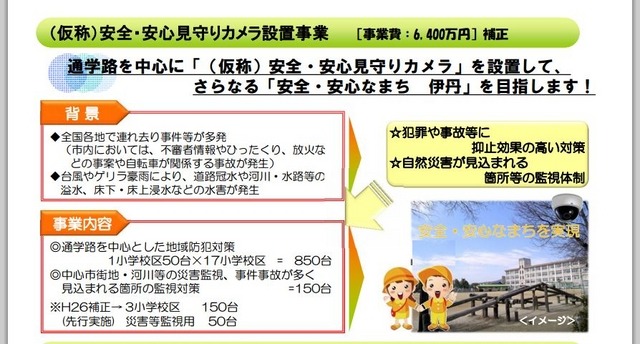 補正予算を含め6,400万円の事業費で1,000台の防犯カメラを設置予定。犯罪や事故の抑止だけでなく自然災害への監視体制も強化するという（画像は伊丹市　H26年度2月補正予算（案）、H27年度当初予算（案）より）