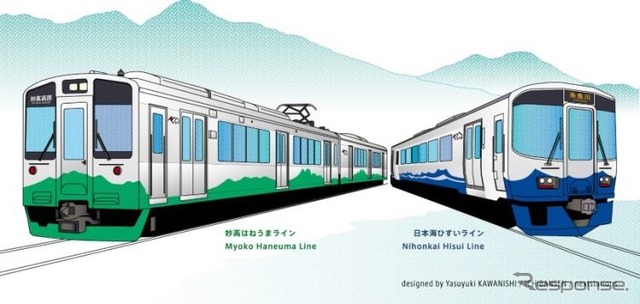 妙高はねうまラインでは、えちごトキめき鉄道がJR東日本からE127系電車（左）を譲り受けて運用するが、これに加えて北越急行の車両も乗り入れることになる。