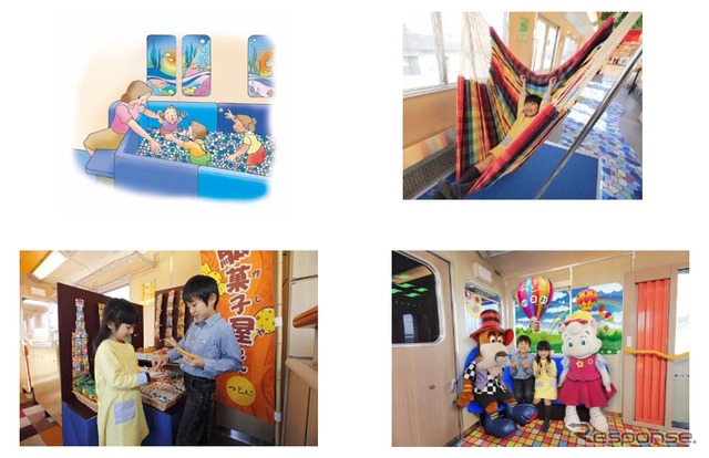 今回のリニューアルでは、「海のあそびば」（左上）や「ゆらゆらハンモック」（右上）、「駄菓子屋さん」（左下）などを設置する。