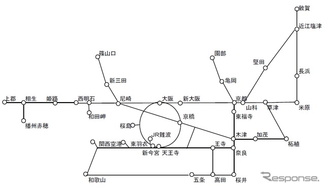 「春の関西1デイパス」で自由に乗り降りできるJR線の範囲。各観光地へのアクセス路線となる私鉄線などが利用できるチケットの引換券も付く。