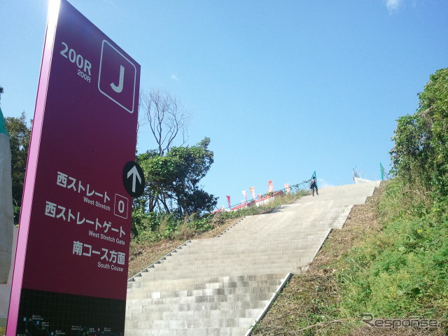 J席スタンドに辿り着くためには、この階段を登らなければならない