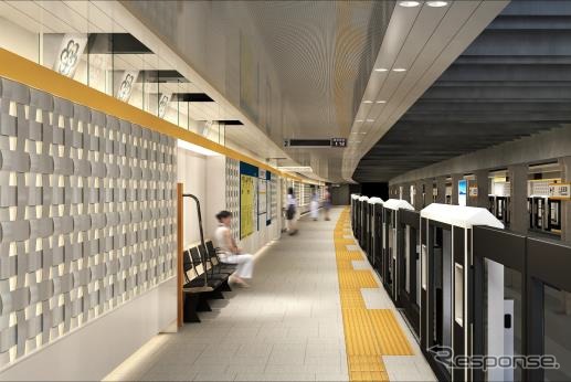 田原町駅(プラットホーム):金属の素材感を引き立たせる。