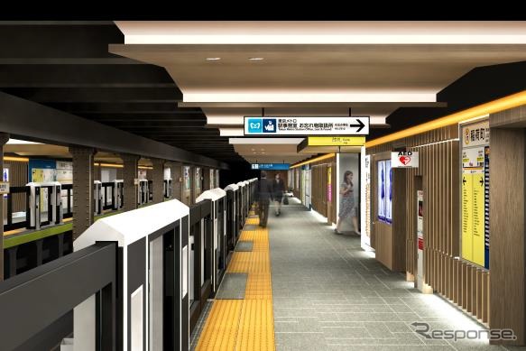 稲荷町駅(プラットホーム):切妻屋根の家並みをイメージしたデザインでまとめる。