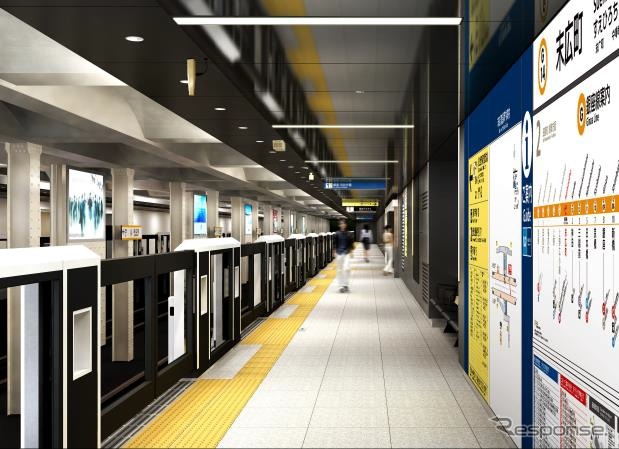 末広町駅(プラットホーム):ディスプレイをイメージしたデザインでまとめる。