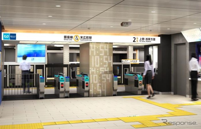 末広町駅(改札口):「ゲート状のデザインと躍動感ある光によるアイキャッチ」を設けて視認性を向上させる。