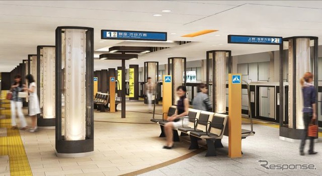 神田駅(プラットホーム):歴史的遺構である柱(鉄鋼框)をガラスで仕上げ、照明で演出する。