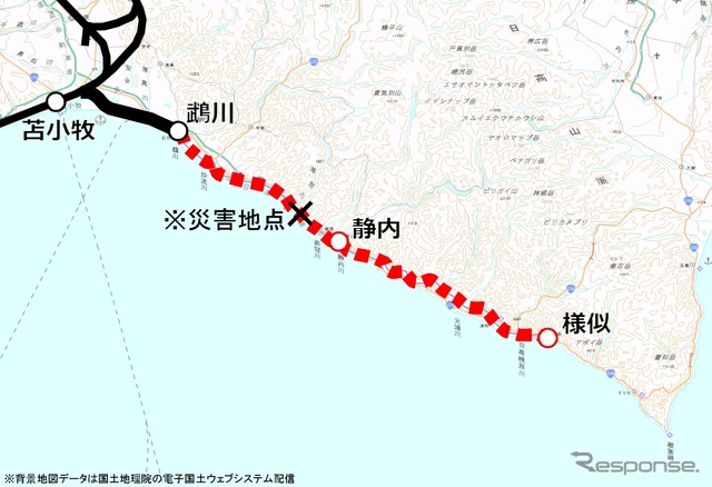 日高本線の路線図。中間部の鵡川～静内間のみ運休していたが、2月28日午後から静内～様似間の運転も休止する。