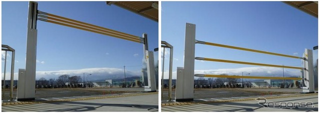拝島駅に整備される昇降式ホーム柵のイメージ。3本のバー(右)がホームからの転落を防止する。列車の停車時にはバーが上昇(左)する。