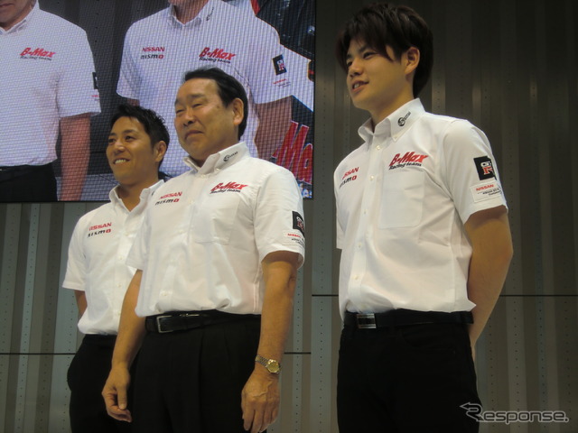 GT300の#3 GT-R陣営、左から星野一樹、長谷見監督、高星明誠。両ドライバーは今季、GT300以外でも日産陣営で大いに活躍することとなる。