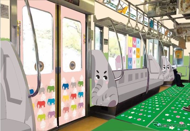 「新TamazooTrain」の内装イメージ。1号車からゾウ・トラ・シカ・ペリカンの順で動物のイラストを使った装飾を施す。