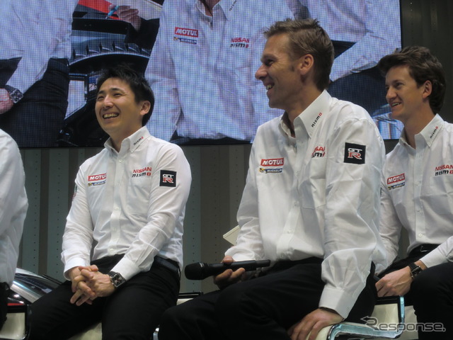 2月28日、日産の今季モータースポーツ活動計画発表会にて。左から松田、クルム、オルドネス。