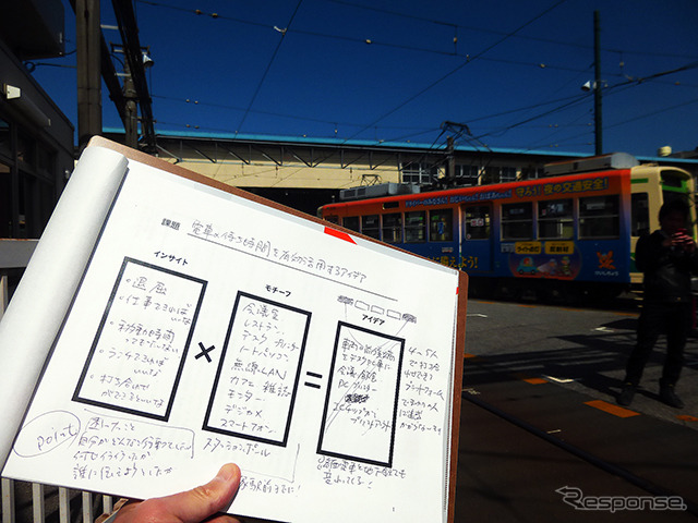 都電貸切電車のなかでは、電車の待ち時間の有効活用についてアイデアをみんなで出し合った(D2Cグループのツイストラボが実施した「都電貸切アイデア発想ワークショップ」(3月5日、早稲田大学、早稲田~荒川車庫前))