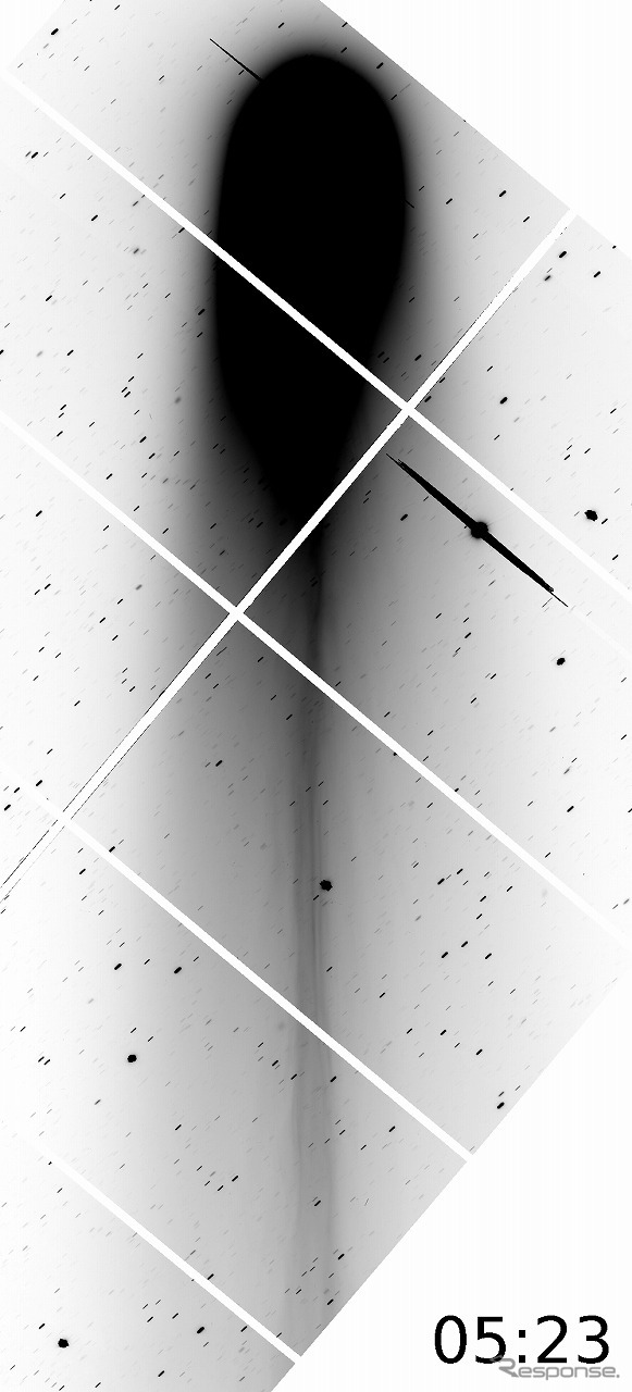 彗星のイオンの尾の大局的な時間変化を、Iバンドで得られた2分露出の3枚の画像から作成したアニメーションの参考画像