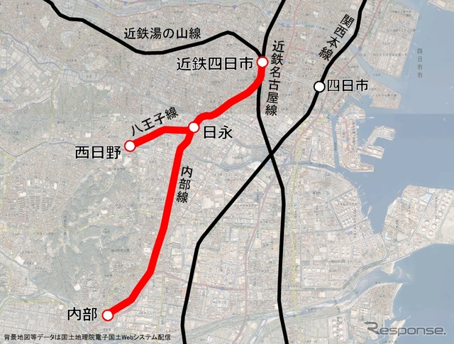 四日市あすなろう鉄道が運行を引き継ぐ近鉄内部・八王子線の路線図。近鉄四日市駅構内の内部・八王子線の部分のみ駅名が「あすなろう四日市」に変更されるが、ダイヤは変更しない。